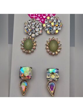 Vintage Set of 4 Aurora Borealis & Green Rhinestone Stud Earrings